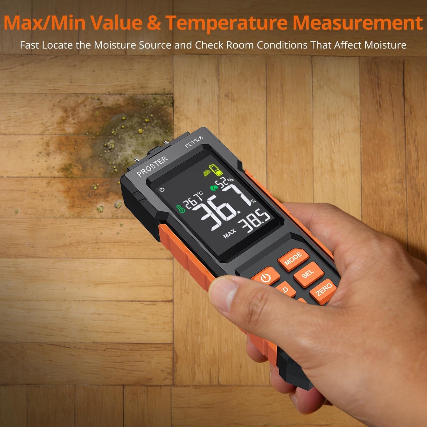 Proster Moisture Meter 2 in 1 Pin & Pinless Moisture Tester Digital LCD Display Dampness Detector for Wood Drywall Masonry Building Materials, Water Leak Detector for Home Inspection, DIY Woodworking