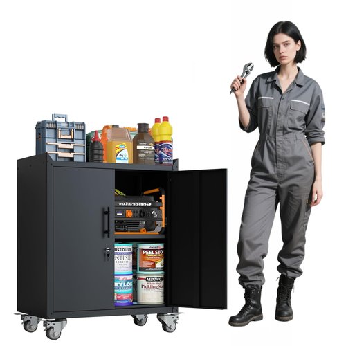 Hymnxemo Heavy Duty Metal Garage Storage Cabinet with Lockable Doors & Wheels - 36-Inch Adjustable Shelf Tool Organizer for Warehouse, Basement - Black Utility Locker Cabinet