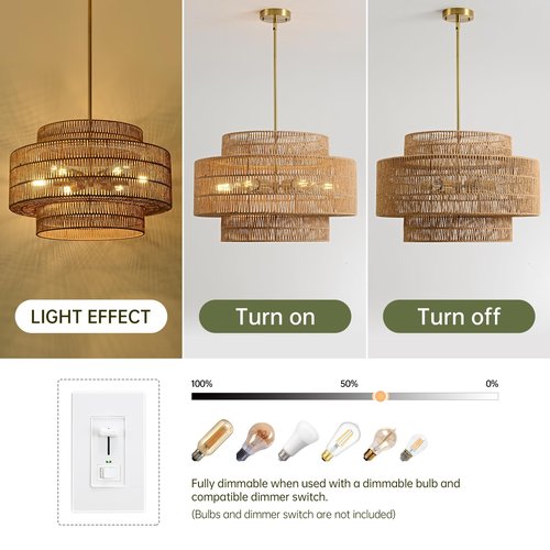 InterMaka 24” Boho Large Rattan Chandelier Light Fixture,6-Light Large Hand Woven Pendant Light Fixture Farmhouse Rustic Chandeliers for Kitchen Bedroom, Dining Room, Living Room, Hallway, Foyer