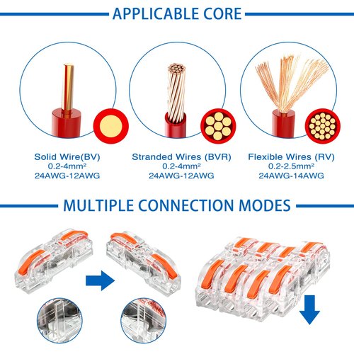 100 Pcs Wire Connectors 1 to 1 Inline Wire Compact Splicing Electrical Connectors 1 Conductor Lever for Quick Wiring Circuit Inline 28-12 AWG