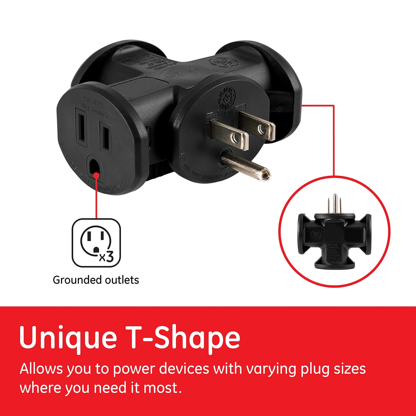 GE 3-Outlet Grounded T-Shaped Tap Adapter, Heavy Duty, Black, 50872