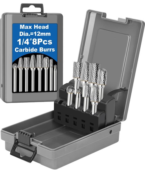 Sworker 8Pcs Carbide Burr Set 1/4 Shank w/Grey Box Max Head Dia 12mm Die Grinder Bits Rotary Tools Attachment Kit Rasp Accessories Metal Wood Stone Steel Grinding Deburring Cutting Porting Carving