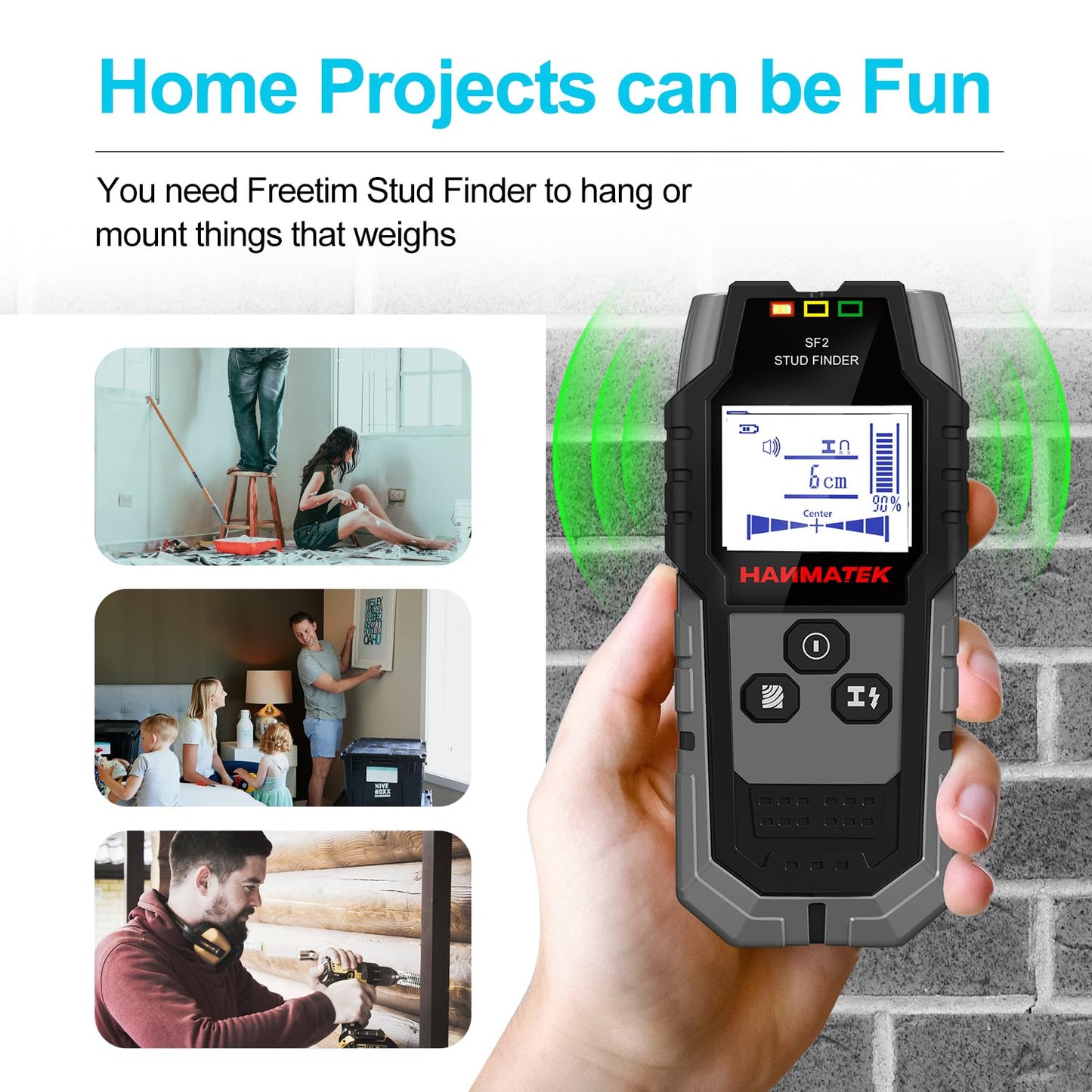 HANMATEK Stud Finder Wall Scanner - 5 in 1 Electronic Wall Wood Stud Finder,Audio Alarm and HD LCD Display with Updated Positioning Hole for Center and Edge of Wood AC Wire Metal Studs Joist Pipe