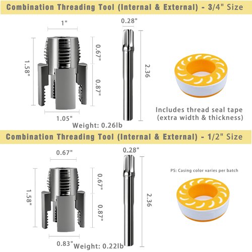 Gcoujrl Integrated Internal & External Pipe Threading Tool with Screw Extractor & Sealant Tape Dual-Function PVC Pipe Threader Kit Electric Drill Compatible for Plumbing, DIY, HVAC (1/2"+ 3/4")
