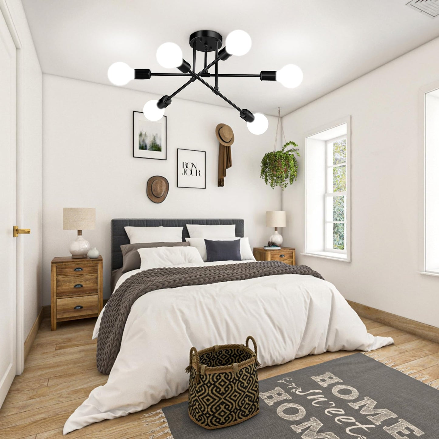 Phaosio Modern Sputnik Chandelier Ceiling Light Fixtures, 6-Lights 22” Mid Century Industrial Metal Semi Flush Mount for Dining Room, Bedroom, Living Room-Black