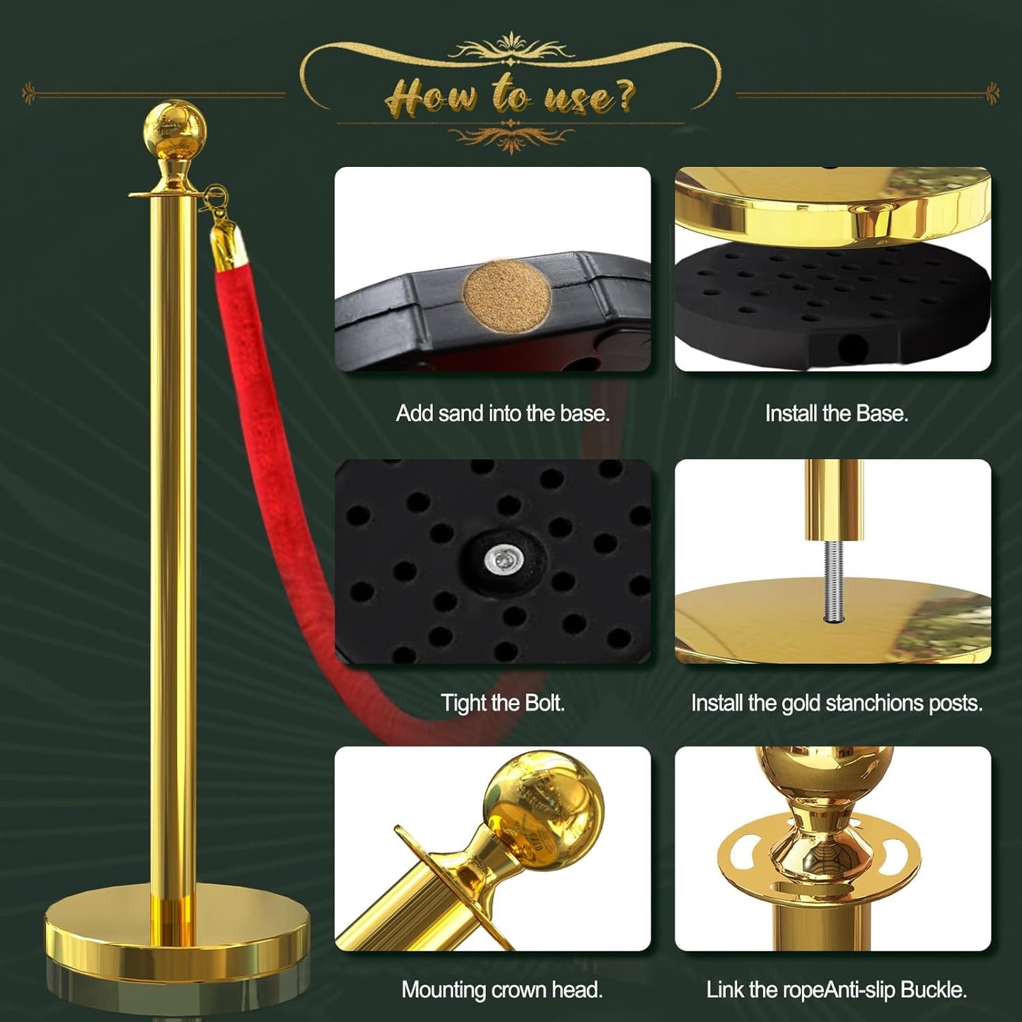 SuiROYI 4 Pcs Gold Stanchions with Velvet Ropes with 3 Pcs 5 Ft Red Velvet Ropes Carpet Ropes Posts Stanchion Set for Crowd Control Barriers for Weddings, Events, Hotels, and Party Decor