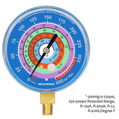 Measureman Refrigeration Pressure Gauge Kit, 3-1/8" Dial, Blue Dial & Red Dial, 1/8" NPT Lower Mount, 30inHg-0-250psi, 250-500psi & 0-800psi