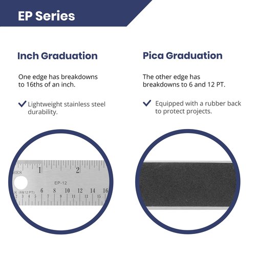 Pacific Arc Stainless Steel Ruler with Inch and Pica Measurements, 18 Inches Rubber Backed