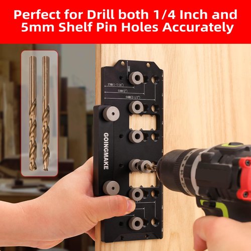 GOINGMAKE Shelf Pin Jig 1/4" and 5mm, Spliceable All Metal Cabinet Hardware Shelf Pin Drilling Jig, Woodworking Drill Guide for Straight Holes for Wobble-Free Shelves