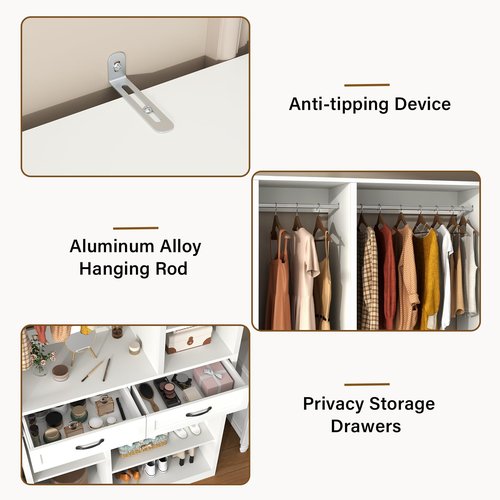 Closet System with 2 Drawers, 55” Wood Closets Organizer and Storage with 2 Hanging Rods, Walk-In Closets System, Clothes Rack with 10 Shelves, White Closet Shelves System Large Wardrobe for Bedroom
