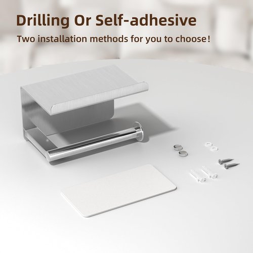 Self-Adhesive Toilet Paper Roll Holder - Wall Mount Or Adhesive Toilet Paper Holder with Shelf,Toilet Roll Holder, Tissue Holder for Bathroom,Wall Toilet Paper Holder, Stainless Steel,Chrome