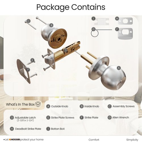HOSOM Privacy Door Knob with Lock, Interior Door Knobs for Bedroom and Bathroom, Keyless Doorknob with Round Ball, Satin Nickel Door Handle, 1 Pack