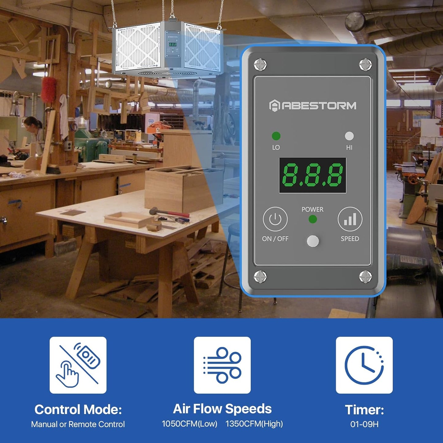 ABESTORM 360 Degree Intake Air Filtration System for Woodworking, 1350 CFM Hanging Dust Collector, Air Filter for Shop Garage WorkShop, DecDust 1350