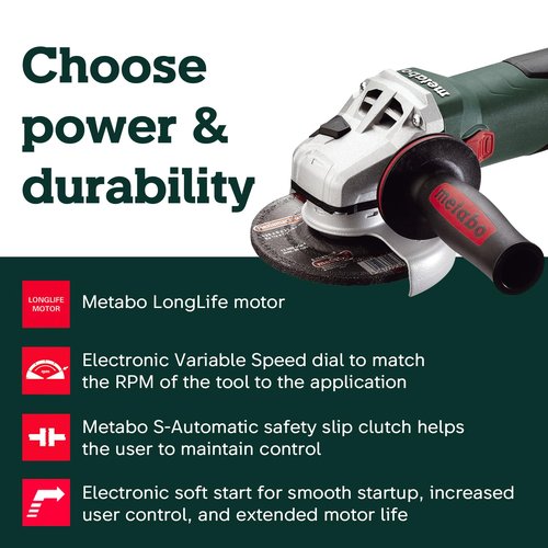 Metabo WEV15-125 HT Lock-On 13.5 Amp 2,800-9,600 rpm Angle Grinder with Electronics and High Torque, 4.5"/5"