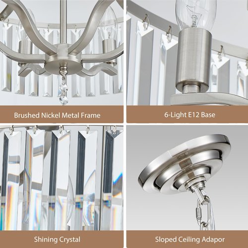 peskoe Modern Crystal Chandeliers Round 6-Light Large Brushed Nickel Pendant Lighting Fixture for Dining Room Living Room Kitchen Island Bedroom Hallway Hall Foyer, 21.7"