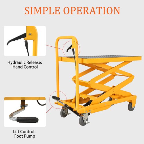 Garvee Double Scissor Hydraulic Lift Table Cart, 500lbs Capacity 48" Lifting Height, Lift Table w/ 4 Wheels and Non-Slip Pad, Elevating Hydraulic Cart for Material Handling and Transportation, Yellow