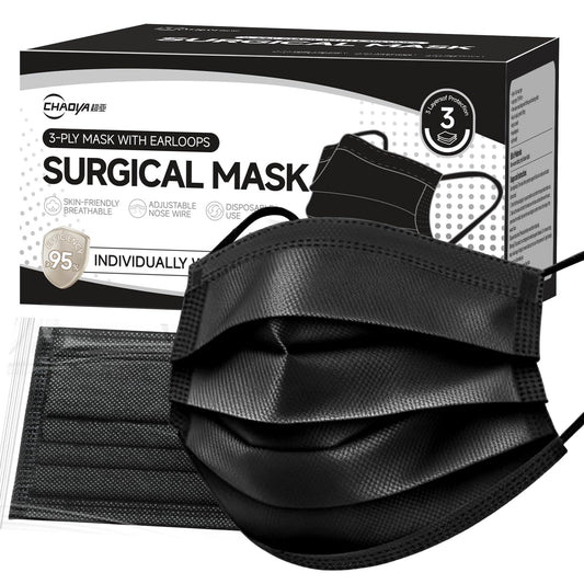CHAOYA Surgical Masks,Black Face Masks Disposable,Individually Wrapped,50 Pack,Comfy,Breathable