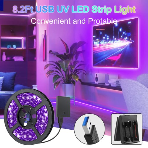 YGS-Tech 16.4FT UV Black Light LED Strip, 3528 385nm-400nm USB UV Light Strip, Non-Waterproof Blacklight Strip with Battery Box, for Fluorescent Dance Party Body Paint(2 Pack)