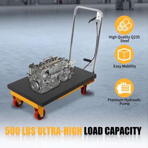 Hydraulic Lift Table Cart, 500lbs Capacity Scissor Lift Table with 4 Wheels, Manual Hydraulic Scissor Cart for Material Handling and Transportation, Adjustable Height