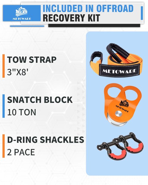 METOWARE Offroad Recovery Kit - 10 Ton Heavy Duty Winch Snatch Block Pulley, 3" x8' Tree Saver Strap and 2pk 3/4" D Ring Shackles