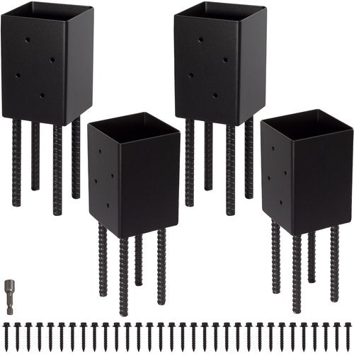 LADECH 4x4 Post Base Holder Ground Spike Use for Concrete Deck - Post Anchor Brackets Metal Black Powder Coated 4 Inches x 4 Inches (Inner Dia 3.5x3.5) 4 Pack