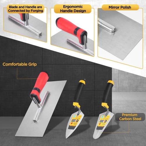 3 Pcs Masonry Tool Set, 6" Pointing Trowel & 11"x4" Stainless Steel Flat Finishing Trowel with Soft Grip Handles Concrete Drywall Tile and Plastering Tools for Contractors DIY
