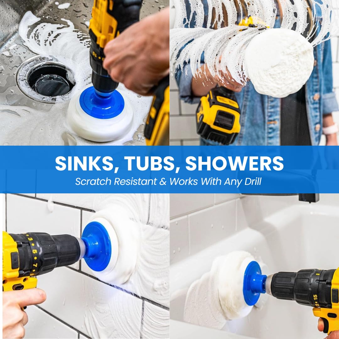 RotoScrub 7 Pack Multi-Purpose Drill Brush Kit for Cleaning Bathrooms, Showers, Tubs, Tile, Floors, Sinks, Toilets, Grout and Grime Removal, Reversible Blue and White Scrub Pads