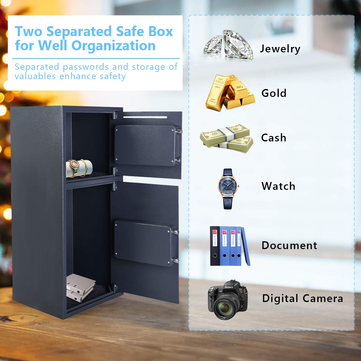 Casart Double Door Safe Box, Digital Safe Depository Drop Box with Keys for Home and Office, Security Lock Box for Gun, Cash and More