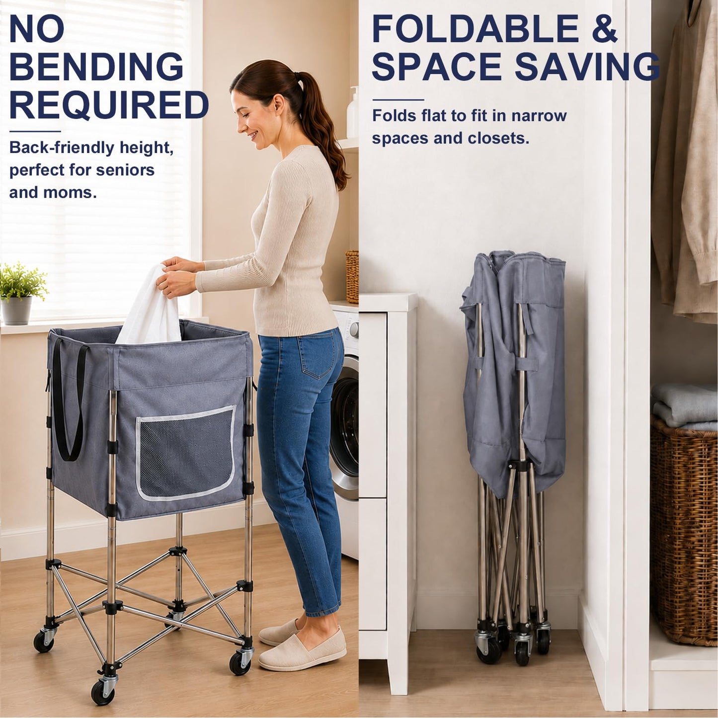 TAIALPHAYI 35.9" Tall Laundry Cart with Wheels, No-Bend Rolling Laundry Basket, Stable Stainless Steel Frame, Collapsible Laundry Hamper for Bathroom, Dorm & Bedroom, 600D Washable Bag – Grey