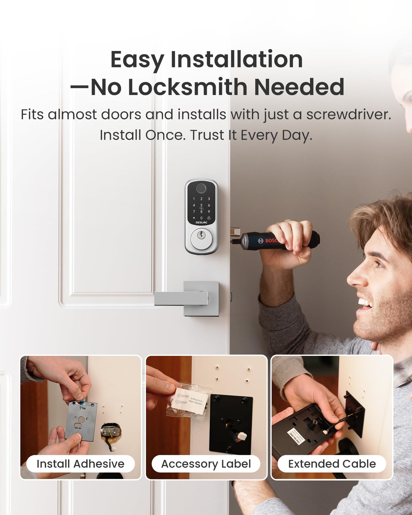 DESLOC B200 Fingerprint Smart Lock with 2 Durable Lever Handles, Keyless Entry Front Door Lock Set, Electronic Keypad Deadbolt, App Control, DIY Installation, Designed for a Secure DESLOC Home, Silver