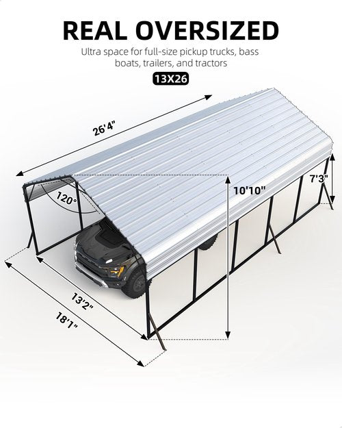 GarveeLife 13'x26'x11' Oversized Metal Carport, Steel Heavy Duty Car Ports for All-Weather, Tall Carport for Full-Size Pickup Trucks, Boats, and Tractors, N.W. 780 Lbs