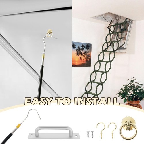 MABCIRY Stainless Steel Attic Pull System Hook Set with Handle Screw, Ladder Pull down System Kit, Brass Ring for Roof Inspections Attic, Ceiling Access Parts Tool