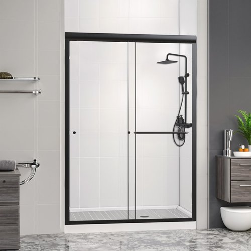 Osparple Shower Door 40-48" W x 72" H Semi-Frameless Double Sliding Shower Doors Glass Shower Door with 1/4" (6mm) Clear SGCC Tempered Glass, Towel Rail and Auxiliary Handle, Matte Black