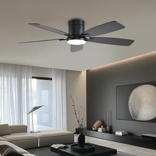 52inch Ceiling Fans with Lights, Low Profile Ceiling Fan with Light and Remote/APP Control, Flush Mount, Reversible Motor, Dimmable LED, Noiseless, Black Ceiling Fan for Bedroom Indoor Outdoor Use