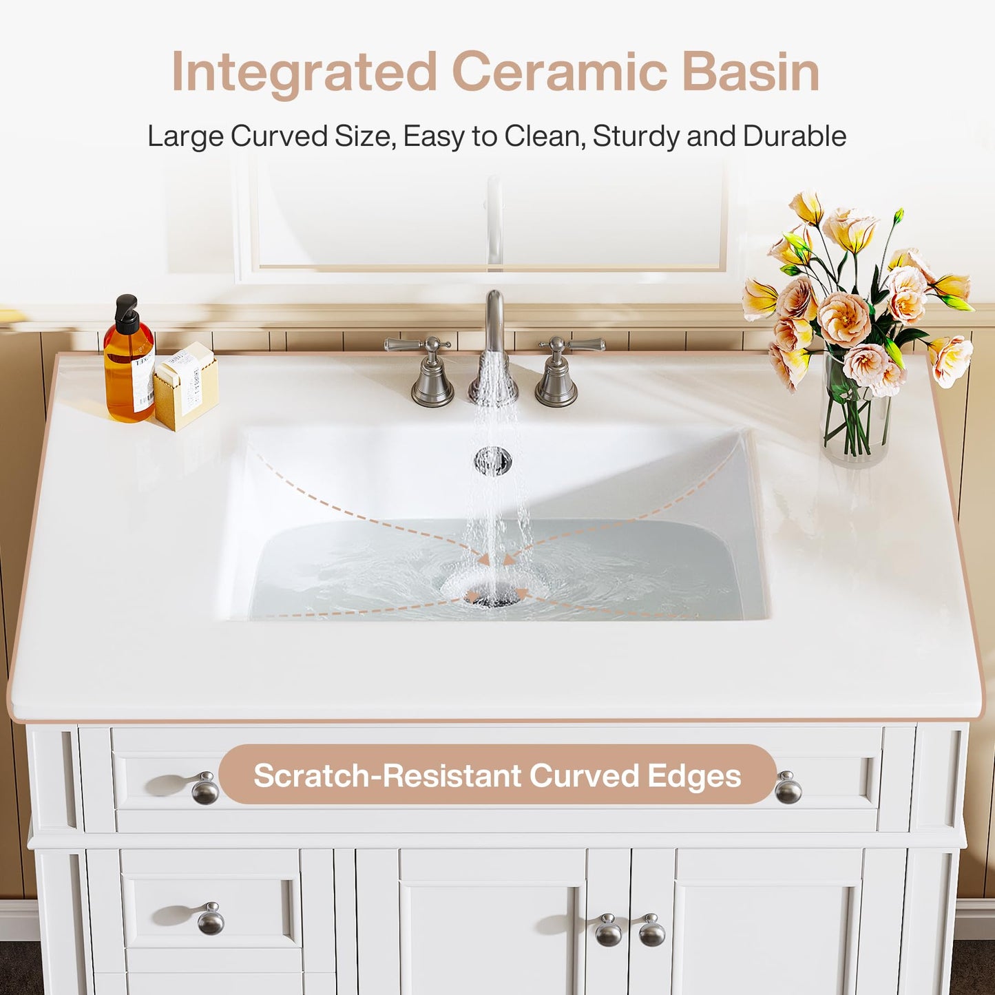 Tribesigns 36" Bathroom Vanity with Sink, Modern Bathroom Sink Cabinet with 4 Drawers & 2 Doors, Bath Storage Vanity Sink with Metal Handles, Solid Wood Frame, Paint Surface White