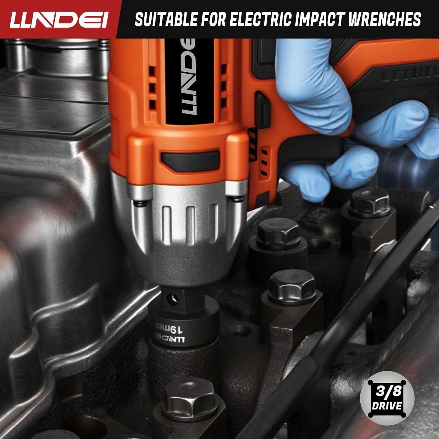 LLNDEI 3/8" Drive Stubby Impact Socket Set Metric 6-19mm, 19-Piece Cr-Mo Nano Socket Set with 2 Extension Bars (6" & 15"), Universal Joint & Ratchet Wrench for Tight Space Access
