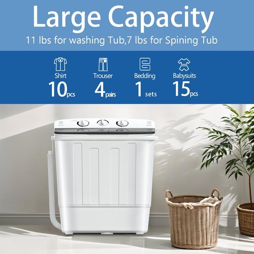 DOGHLY Double Tub 18LBS Washing Machine, Portable Washer and Spin Dryer Combo, Compact Laundry Machine for Apartments, Camping & RVs, Easy to Use, Energy & Water Efficient (18lbs)