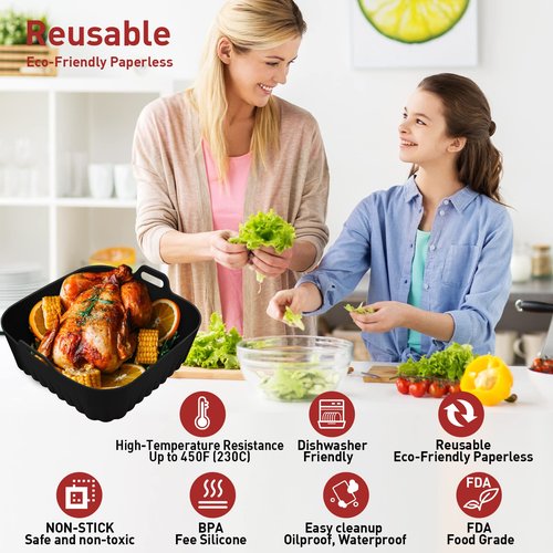Square Silicone Air Fryer Liners, 2Pcs 9 Inch Reusable Air Fryer Pot, Airfryer Accessories, Air Fryers Inserts for 6 to 9 QT for Oven Microwave Accessories (9 Inch-Grey+Black)