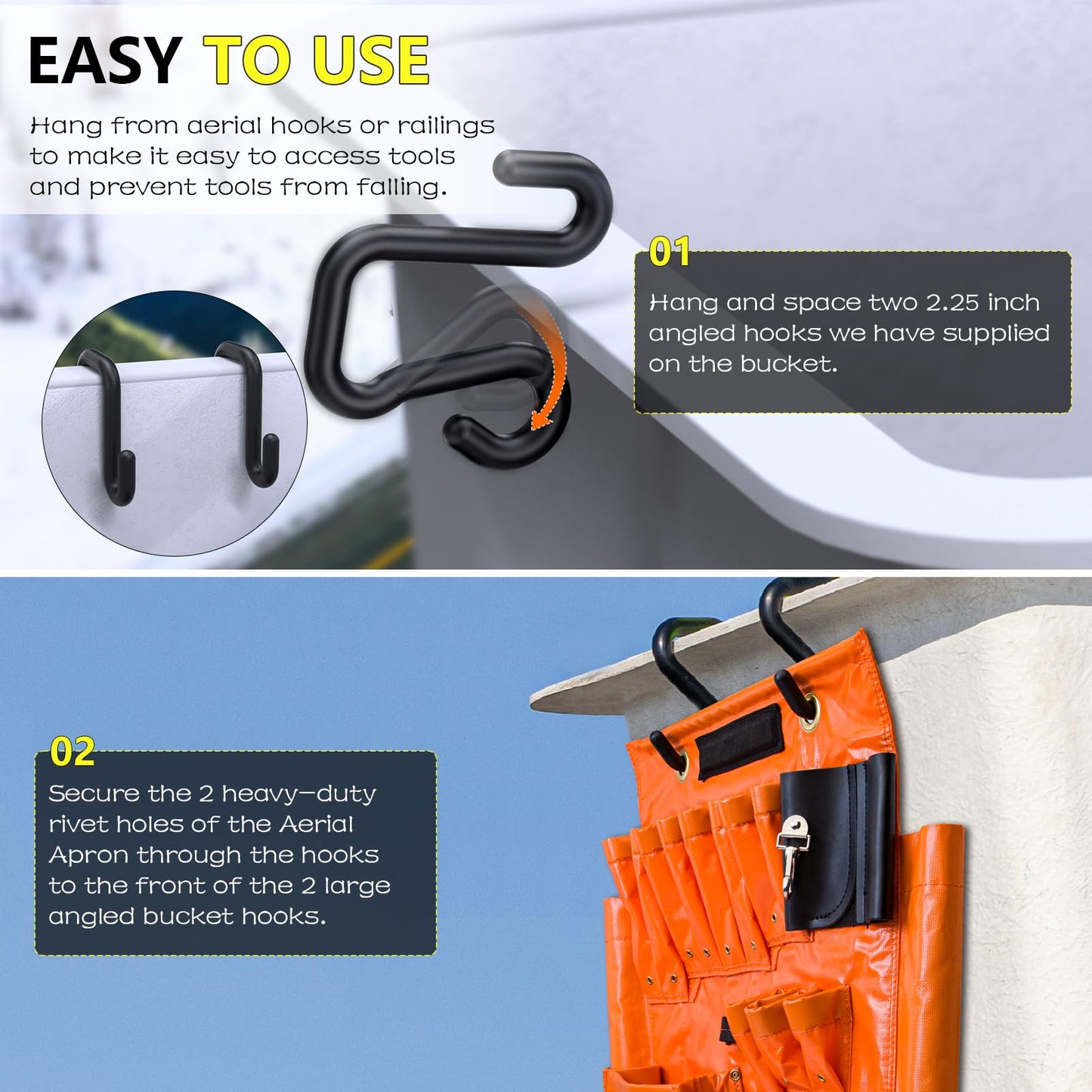 Lineman Tool Board, Aerial Apron w/Magnet, Bucket Truck Tools Organizer with Over 16 Pockets and Aerial Bucket Hooks, Tool Organizer for Bucket Trucks and Lineman, Includes Two 2” Bucket Hooks