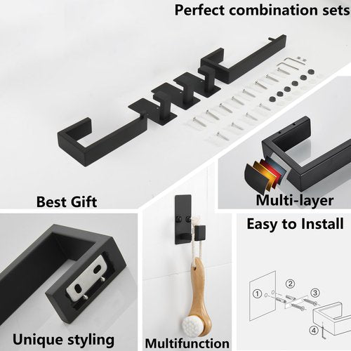 TocTen 4 Pcs Bathroom Hardware Set, Thicken Stainless Steel Hand Towel Bar Set-Includes 9 in Bath Towel Holder+Toilet Paper Holder+2 Robe Towel Hooks, Wall Mounted Bathroom Accessories Kit(Black)