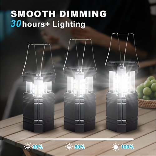 Camping Lantern Rechargeable, 2-in-1 Solar Flashlight & Tent Light, Emergency Camping Flashlight, Hanging Lanterns for Power Outages, Black 4 Pack