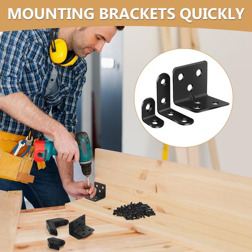 MAPVOLUT 25Pcs L Brackets for Shelves, 3 Sizes Angle Corner Braces Metal L Bracket Heavy Duty for Wood, Sturdy and Rustproof for Repairing Furniture with 82Pcs Screws Mounting Bracket Easily Black