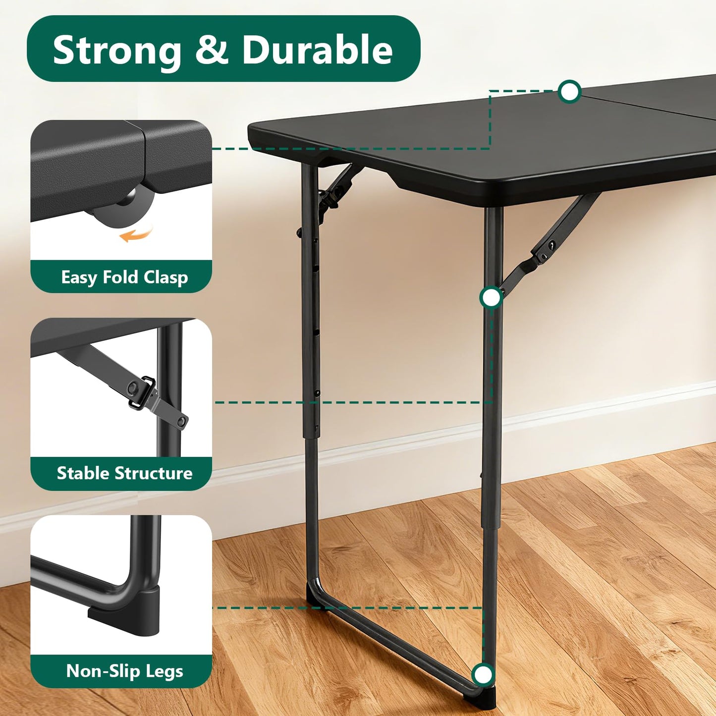 MAKE CHANGES Folding Table 4FT Heavy Duty Plastic Table with Handle, Foldable&Portable, Fold-in-Half Utility Tables for Outdoor, Dining, Wedding, Events, Indoor, Picnic, Camping, Party, Black