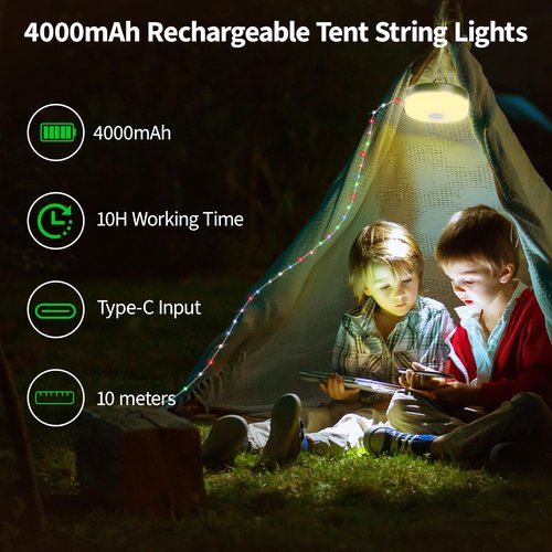 Camping String Lights, 4000mAh Rechargeable Outdoor String Lights with 13 Lighting Modes, Quick 30s Recovery, 32.8ft Retractable Camping Light for Tent, Garden, Travel Decoration