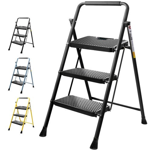 TICONN 3 Step Ladder, Heavy Duty Foldable Step Stool, Portable Steel Folding Stool for Household Garage Storage (Black)