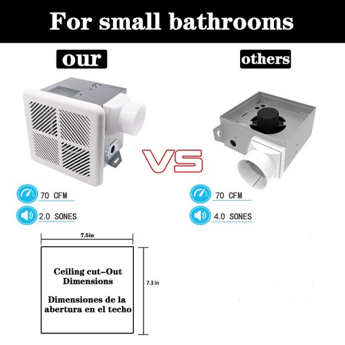 Tech Drive Very-Quiet 70 CFM, 2.0 Sone Bathroom Ventilation and Exhaust Fan (70CFM New Version)