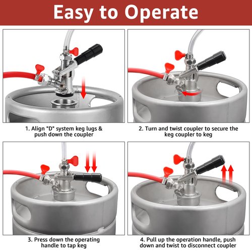 MRbrew D System Keg Coupler for Commercial Sankey, fit 1/4" & 3/16" I.D Draft Beer line, 5/16" Gas Barb, Stainless Steel Probe with Check Valve Sealing Washer Hose Clamp - for Kegerator Tap Dispenser