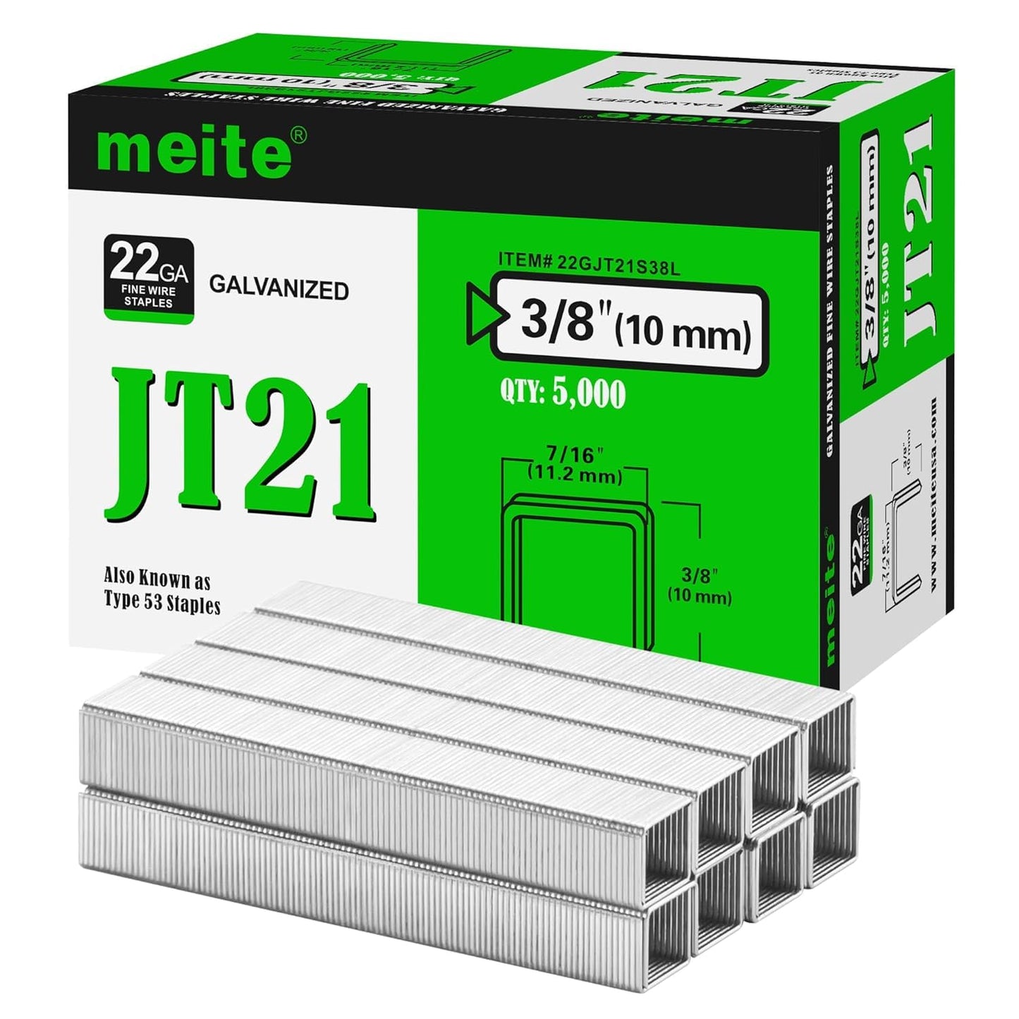 meite JT21 Staples, 3/8 Inch Galvanized Fine Wire Staples for Staple Gun - 7/16" Crown JT21 Staple Refill, Ideal for Upholstery, Crafts, Furniture (1 Case)