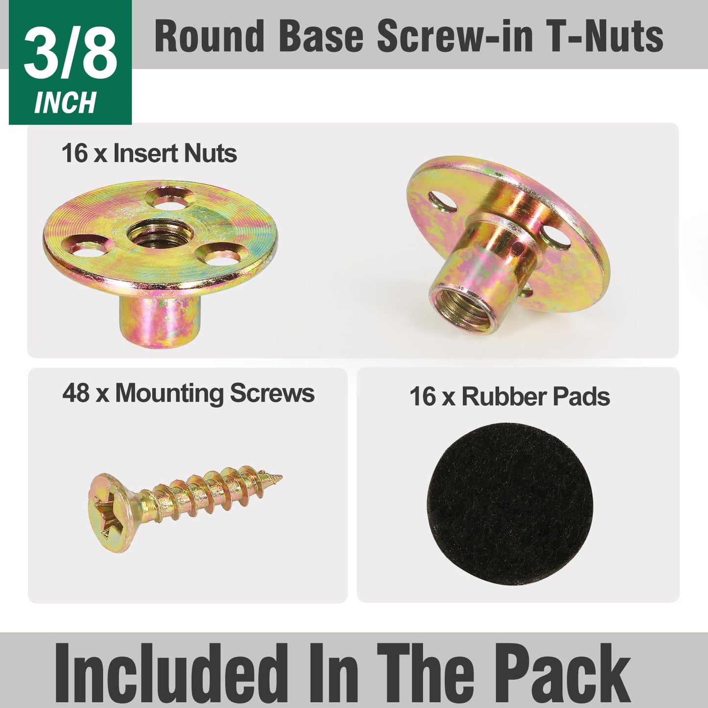 FoDau770 3/8"-16 Brad Hole T-Nut with Screws, Zinc Plated Carbon Steel 3-Hole T-Nuts, Insert Female Thread Mounting Fastener for Wood Furniture and DIY Project - 16 Set (64 Pieces)