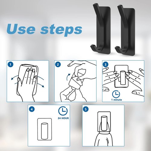 Black Command Hooks for Wall - 6 Pack Matte Black Curved Double Hooks, Multi-Use Hangers for Coats, Towels & Robes, No Damage Removable Organizers for Bathroom & Bedroom Doors